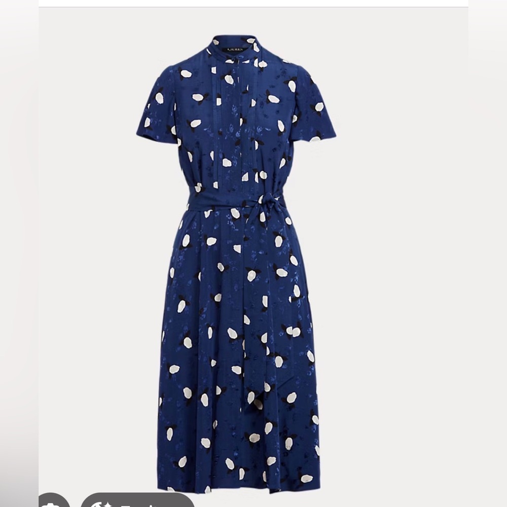 Ralph Lauren Blue Floral Tie-Neck Short Sleeve Dress